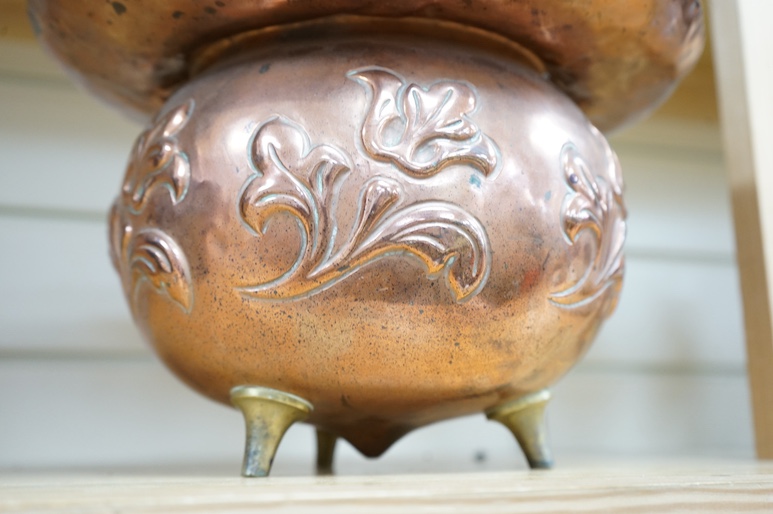 A Benham & Froud copper and brass jardiniere designed by Christopher Dresser, height 15.5cm, width 25.5cm. Condition - Verdigris around the rim, some oxidisation spotting and minor dents